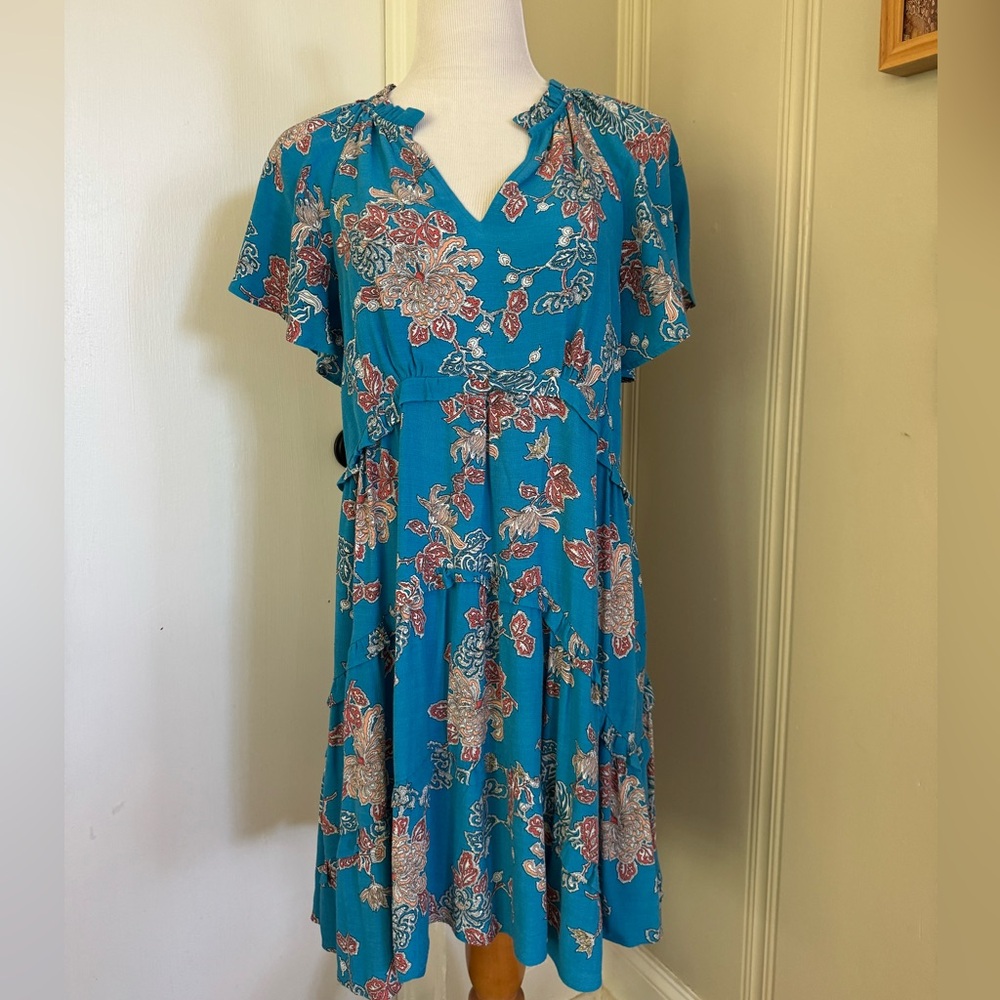 Anthropologie teal, cream and peach floral dress sz S